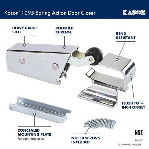Spring Action Door Closer With Adjustable Wide Hook And Concealed Mount Beefy Yet Quiet Rubber Roller For Walk-In Doors
