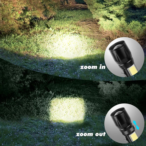 4 Pack Rechargeable Zoomable Mini Clip On Flashlights With Side COB Light USB C Recharge 500mAh Battery Super Lightweight EDC Lanterns showcasing zoom feature in a forest setting