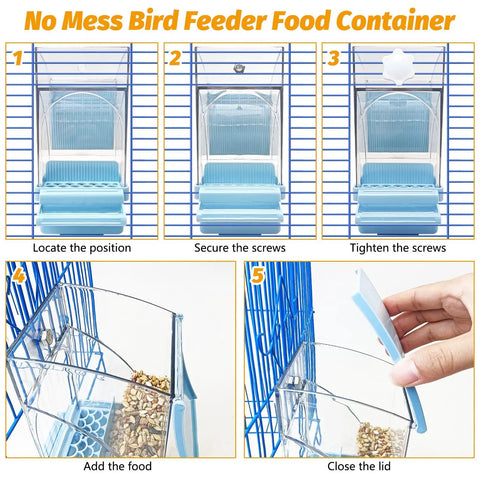 Installation steps for Foolproof Transparent Bird Feeder With Sturdy Perch, Spill Proof Acrylic Cage Food Container For Budgies Cockatiels And Parakeets, Hassle Free No Mess Daily Feed Dispenser Blue.