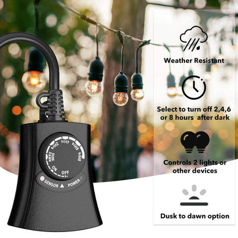 Outdoor Light Timer With Photocell Sensor Waterproof Dusk To Dawn Control 2 Grounded Outlets for Christmas Lights and Halloween Decor