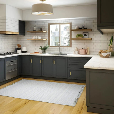 Modern kitchen with dark cabinets featuring Gold Cabinet Handles Set 30 Pack 5 Inch Brushed Gold Kitchen Cabinet Pulls With 3 Inch Hole Center Brushed Brass Drawer Pulls For Cabinets Cupboards Durable Finish.