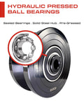 Close-up of a hydraulic pressed ball bearings with sealed bearings and solid steel hub, labeled with text and inner structure detail.