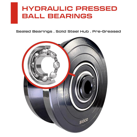 Close-up of a hydraulic pressed ball bearings with sealed bearings and solid steel hub, labeled with text and inner structure detail.