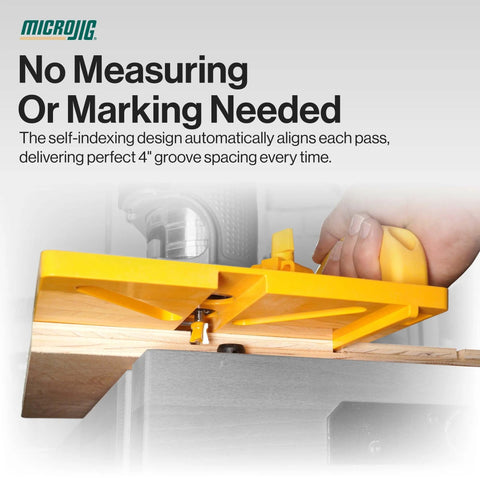 MatchFit Grid Routing Guide Kit For Dovetail Clamping Tracks, showing self indexing router jig in use on wood panel