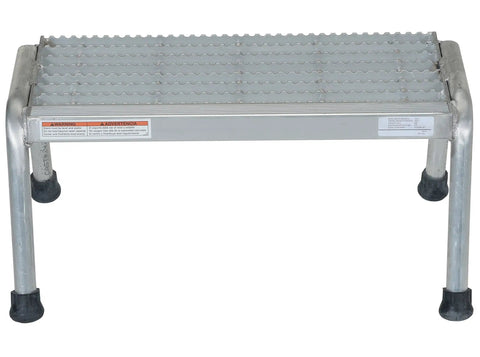 Heavy Duty Aluminum One Step Stand 500 Lb Capacity With Serrated Traction Surface Rubber Tipped Legs Lightweight And Rust Resistant Built For Industrial And Commercial Jobsites Silver, front view, showing serrated surface and rubber tips.