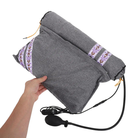 Super Cozy USB Inflatable Heated Neck Pillow With Washable Cotton Cover And Relaxing Aroma For Ultimate Work Travel Stress Relief And Healthy Posture Support in grey with decorative trim.