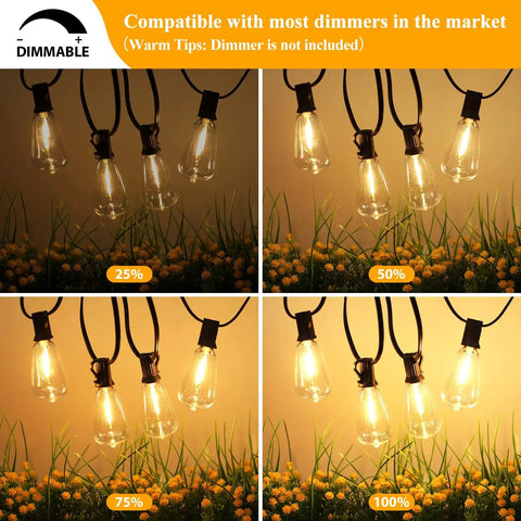 Dimmable 30 Ft LED Outdoor String Lights With 16 Edison Shatterproof Bulbs Commercial Grade Patio Lights on dimming settings