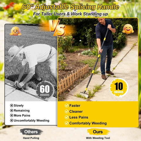Comparison of hand pulling weeds versus using Heavy Duty Flat Shovel Ice Scraper For Winter Cleanup Snow Shovel For Driveways And Sidewalks.