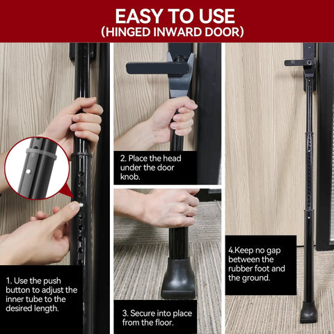 Upgraded Door Security Bar And Sliding Patio Bar Heavy Duty Adjustable Jammer for hinged inward door installation steps