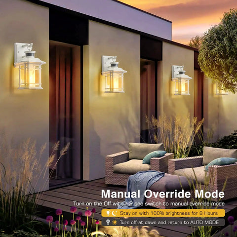 2 Pack Outdoor Motion Lights For House With Dusk To Dawn Sensor installed on house walls at sunset