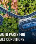 Aerial view of winding road surrounded by greenery and autumn trees with text 'Auto Parts for All Conditions' overlay.