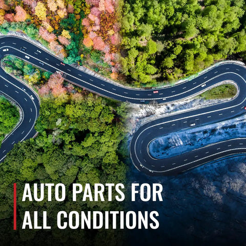 Winding road through colorful forest aerial view with 'Auto Parts for All Conditions' text overlay.