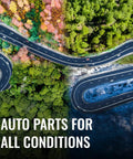 Aerial view of winding road through forest landscape with text 'Auto Parts for All Conditions' emphasizing reliability.