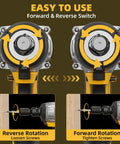 Forward and reverse rotation switch for Hanwise 20V Cordless Impact Wrench, showing easy operation for tightening and loosening screws.
