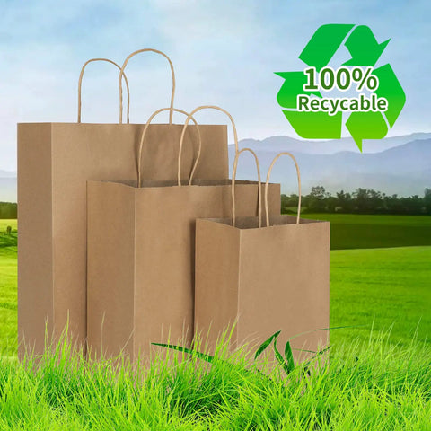 90 Pack Kraft Paper Bags With Handles Bulk Assorted Sizes, shown in three sizes, 100% recyclable symbol over grass background.