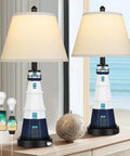 Set Of 2 Modern Ceramic Table Lamps With Touch Control And Built In Outlet Dual USB Ports No Fuss Convenience Ideal For Living Room Or Bedroom Nightstands Warm 2700K Lighting White Textured Ceramic With Linen Drum Shade, featuring lighthouse design with linen shade, displayed on a wooden table.