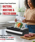 Woman using Pro Grade Vacuum Sealer Machine With Cutter And Jar Attachment For Home Kitchen, preserving vegetables in bag.