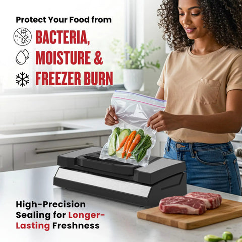 Woman using Pro Grade Vacuum Sealer Machine With Cutter And Jar Attachment For Home Kitchen, preserving vegetables in bag.
