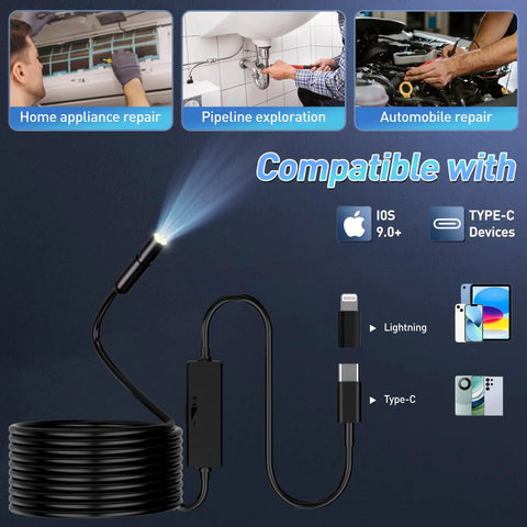 Dope Endoscope Camera With Light For Pipe Inspection shown with compatibility icons for iOS and Type-C devices