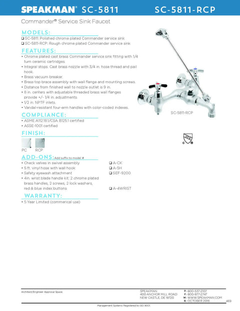 Commander Wall Mount Service Sink Faucet With 8-Inch Centers, Rough Chrome Finish, on product information sheet.