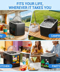 Portable Countertop Ice Maker Featuring Modular Swappable Blocks And Instant Six Minute Freeze Cycles Generating Twenty Six Pounds Of Fresh Ice Daily for RV, camping, kitchen, and party.