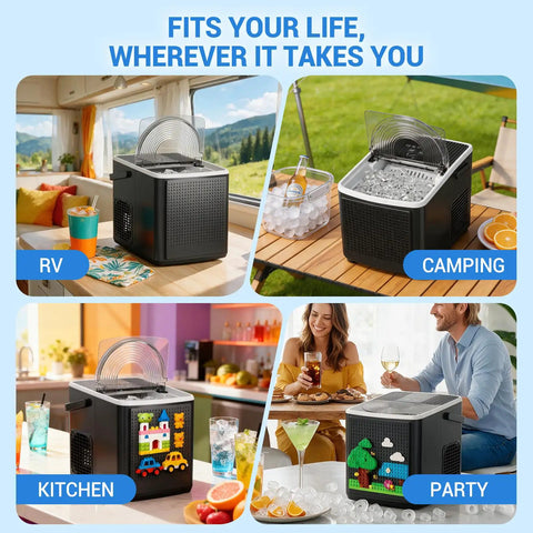 Portable Countertop Ice Maker Featuring Modular Swappable Blocks And Instant Six Minute Freeze Cycles Generating Twenty Six Pounds Of Fresh Ice Daily for RV, camping, kitchen, and party.