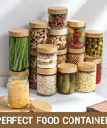 Four Pack 16 Oz Glass Jars With Airtight Lids And Bamboo Lids For Overnight Oats Meal Prep And Grab And Go Snacks Yogurt Spices Sugar And More Wide Mouth Mason Jars filled with assorted foods