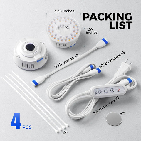 Indoor Plant Puck Grow Light With Timer 660nm Red LEDs 36W Four Pack Full Spectrum Plant Light components and cables.