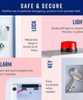 Heavy Duty Stainless Steel AED Wall Mount Cabinet For Defibrillators With Bright Emergency Strobe And Door Activated Alarm close-up of lock, light, alarm and key features.