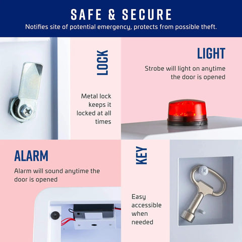 Heavy Duty Stainless Steel AED Wall Mount Cabinet For Defibrillators With Bright Emergency Strobe And Door Activated Alarm close-up of lock, light, alarm and key features.