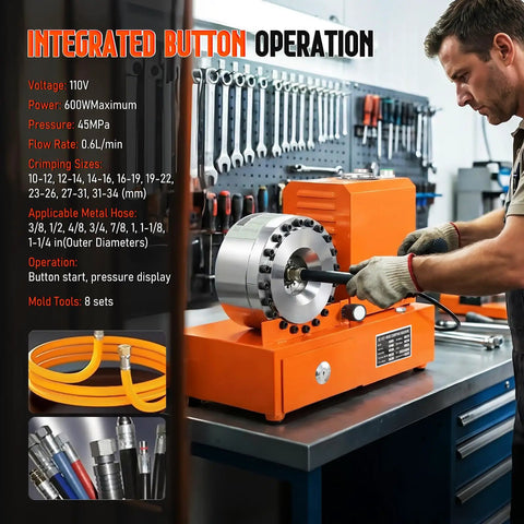 Electric Hydraulic Hose Crimper Portable Power Tool With Eight Precision Dies And Real Time Pressure Gauge For Rubber Nylon Wire Braided Hoses in workshop with tools.