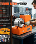 Rock Solid Built Tough Electric Hydraulic Hose Crimper Tool With 110V Portable Press in use with pressure gauge and integrated button operation.