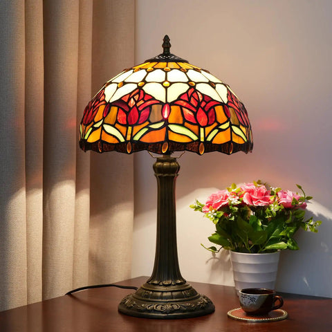 Red Tulip Tiffany Style Stained Glass Table Lamp With A 12 Inch Lampshade For Bedside Reading Desk And Living Spaces