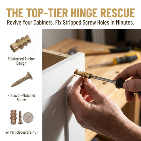 Cabinet Hinge Repair Kit For Kitchen Cupboards 50 Sets With 6x14mm Stripped Thread Screws And Expansion Anchors on MDF cabinet