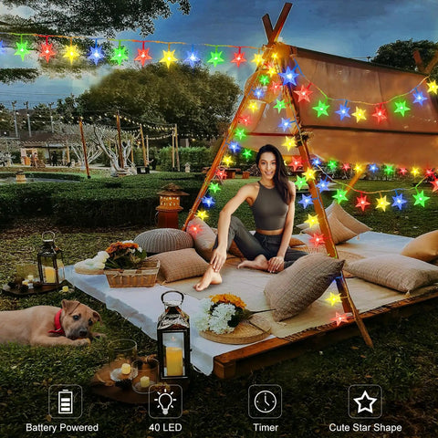 Star Shaped String Lights Battery Powered 13ft 40LED Fairy Lights With Timer In Multicolor For Kids Bedroom Decor Christmas Wedding Party 8 Lighting Modes Gift