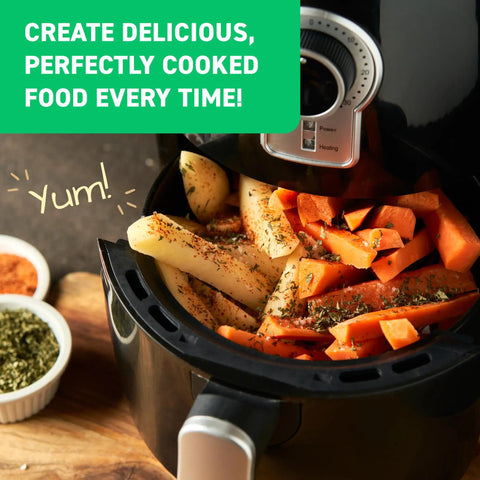 Cooked potatoes and carrots in air fryer with text "Yum!" and cooking tips, featuring Air Fryer Cheat Sheet Magnet And Quick Reference Guide With 120 Plus Foods Across Five Categories Timers And Temps For Meats Veggies Snacks Legumes And Frozen Foods The Ultimate Beginner Gift In 2026.