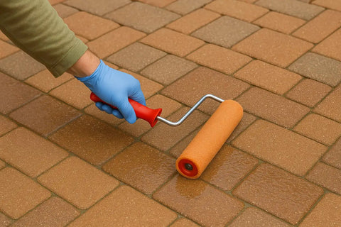 Using a paint roller on paver stones with Straight Up Hella Durable Crystal Clear Paver Sealer And Concrete Masonry Guard Water Based Acrylic Coating That Locks Out Grime And Keeps Patios Looking Fresh In A Five Gallon Size.