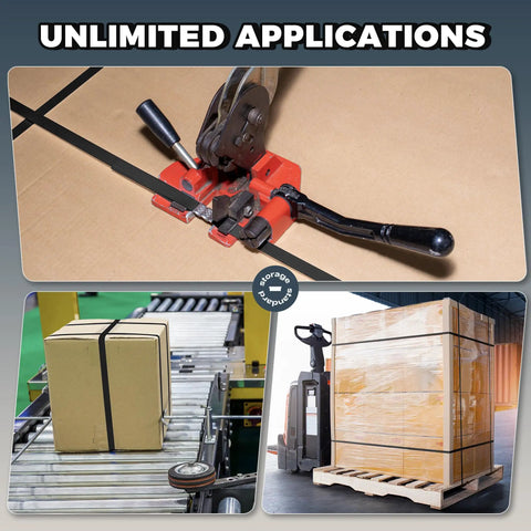 Heavy Duty Polypropylene Pallet Strapping Roll One Thousand Feet Long Half Inch Wide Four Hundred Pound Break Strength self dispenser box, used in securing packages.