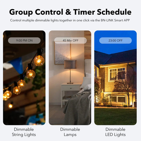 Image of dimmable string lights, lamps, and LED lights with timer settings, featuring Outdoor Smart Dimmer Plug For String Lights And LED Filament Halogen Lamps Easy App Control Waterproof Works With Google Assistant And Alexa Requires 2.4 GHz WiFi.