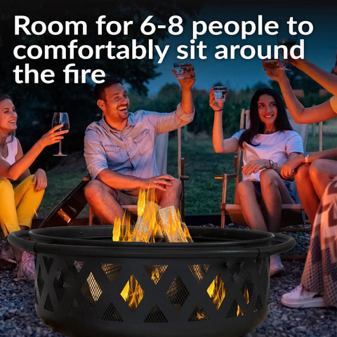 Crossweave Outdoor Wood Burning Fire Pit For Patio Or Yard 36 Inch Round Black Fire Pit with friends enjoying around it