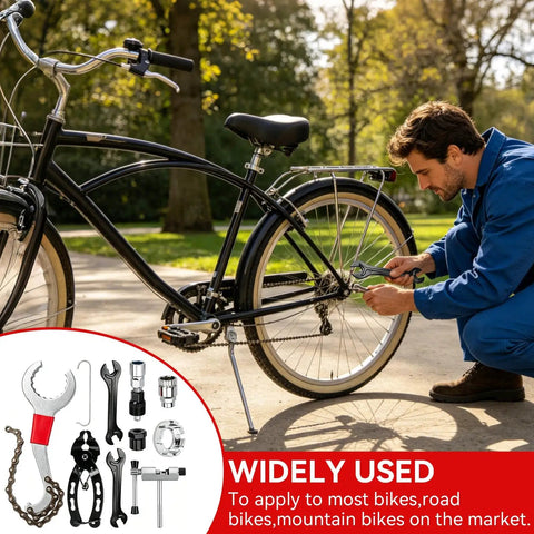 Man using All In One Bike Repair Gear Kit For Mountain Bikes 9 Piece Set with tools next to a parked bicycle outdoors.