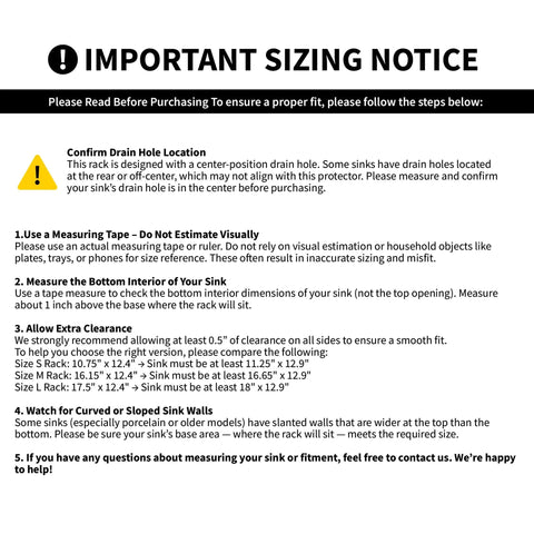 Important sizing notice for Badass Heavy Duty 304 Stainless Steel Sink Protector Grid with measuring instructions.