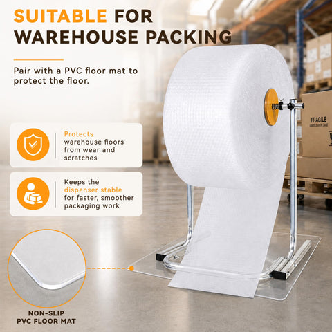 Heavy Duty Manual Bubble Wrap Roll Dispenser For Shipping Supplies Moving Tasks And Small Biz Packing With Safety Cutter And Nonslip Base, with floor mat.