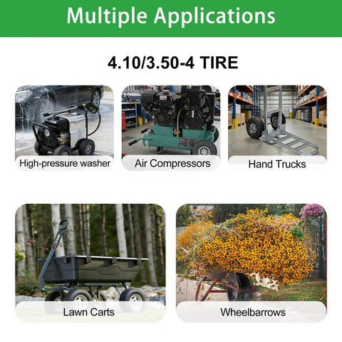 Collage showing Rugged 4.10/3.50-4 Tire with Inner Tube on high-pressure washer, air compressors, hand trucks, lawn carts, and wheelbarrows.