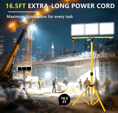 Ridiculously Bright 45000 Lumen LED Work Light With Stand Three Head Portable Tripod Light on construction site with crane.
