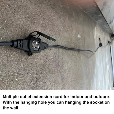 Beefy 50 Foot 14 Gauge Heavy Duty Extension Cord With Eleven Evenly Spaced Sockets shown along a concrete surface