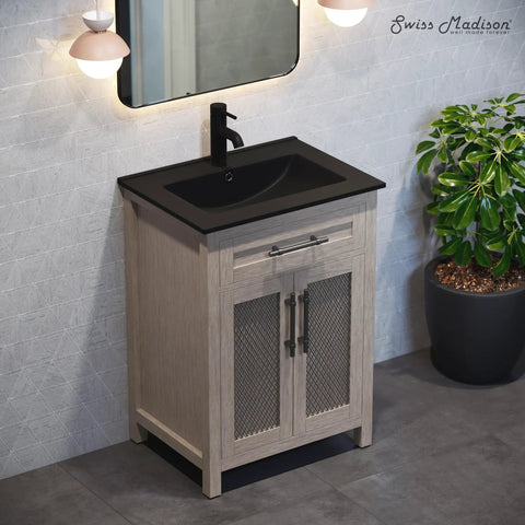 Bathroom with 24 Inch Ceramic Vanity Top Matte Black With Top Mount Sink Bowl Single Faucet Hole Scratch Resistant Non Porous Surface