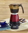 Electric Espresso Moka Maker For 3 To 6 Cups, 48 Oz Capacity, Red, Easy Home Brew Boss displayed on a kitchen table with espresso