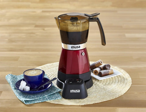 Electric Espresso Moka Maker For 3 To 6 Cups, 48 Oz Capacity, Red, Easy Home Brew Boss displayed on a kitchen table with espresso