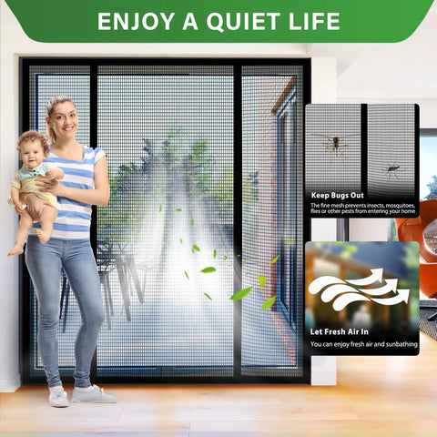 Heavy Duty PET Magnetic Screen Door With Double Door Closure for sliding and patio doors showing tear resistant mesh.